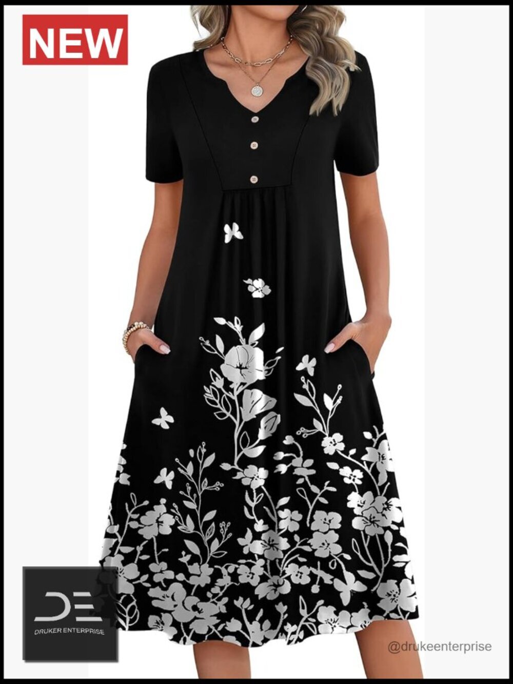 Short Sleeve A-Line Midi Dress with Pockets, High Stretch